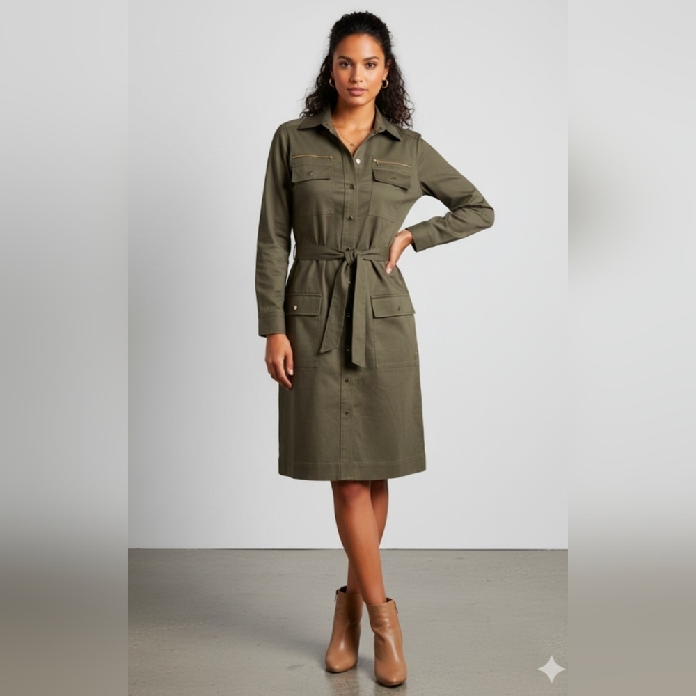 Etcetera Size 4 Bonvoyage Military Style Olive Green Snap Front Dress